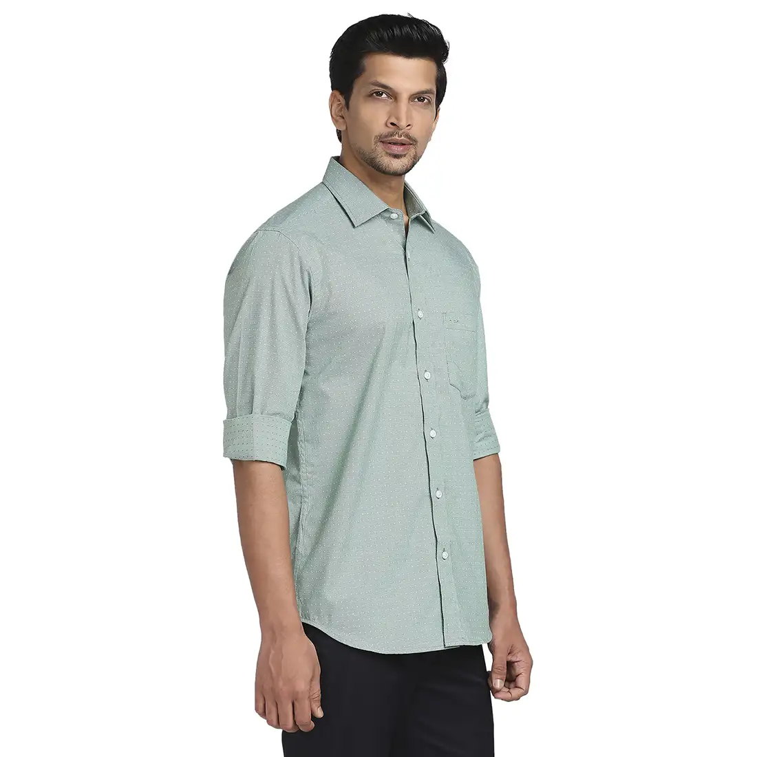 Men Green Tailored Fit Dobby Cotton Full Sleeve Shirts - Image 2