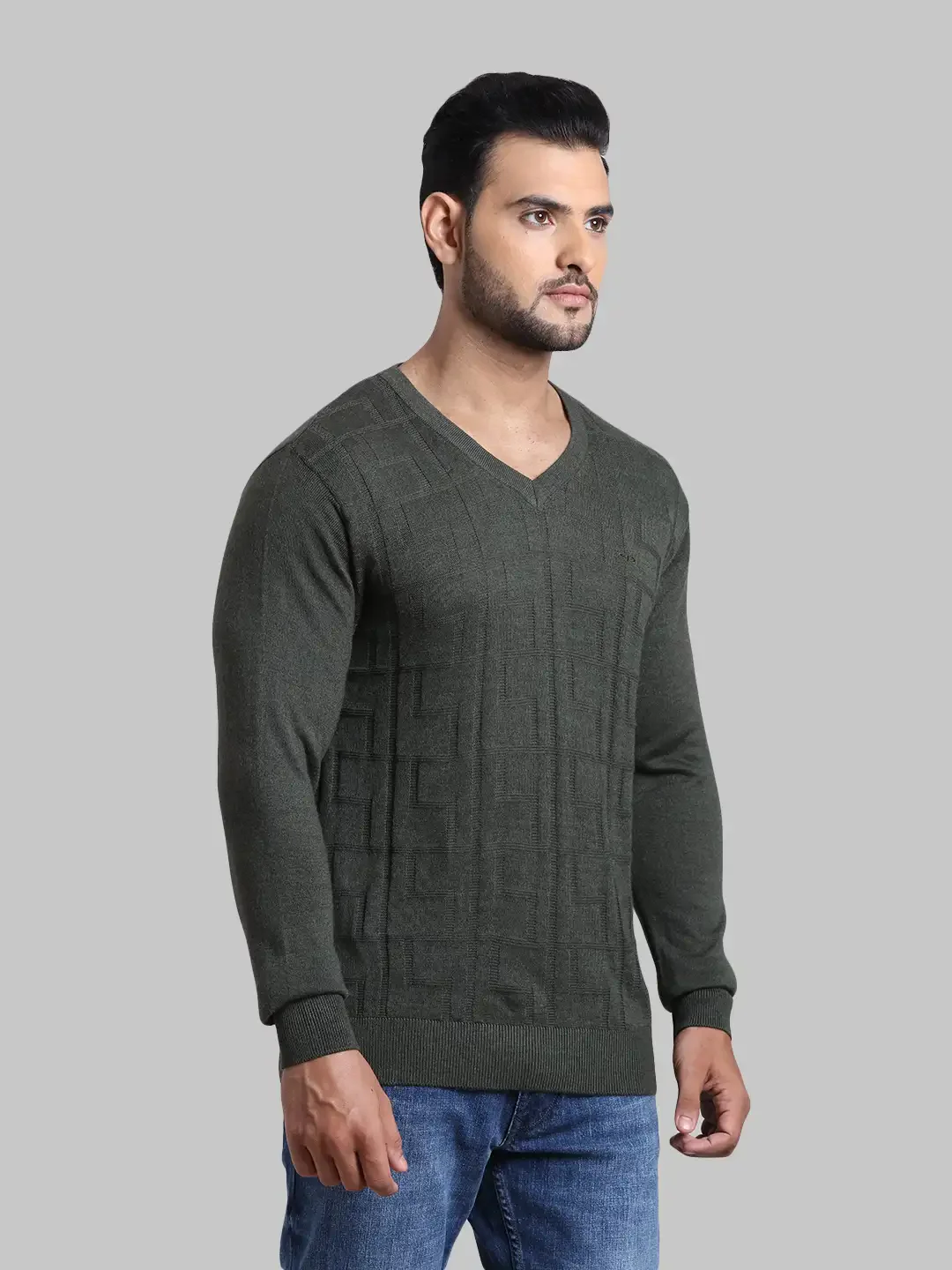 Men Green Tailored Fit Jacquard Acrylic Wool Blend Full Sleeve V Neck Collar Sweaters - Image 2