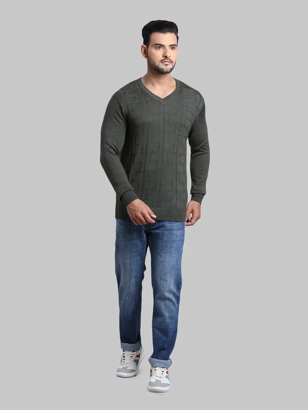 Men Green Tailored Fit Jacquard Acrylic Wool Blend Full Sleeve V Neck Collar Sweaters - Image 5