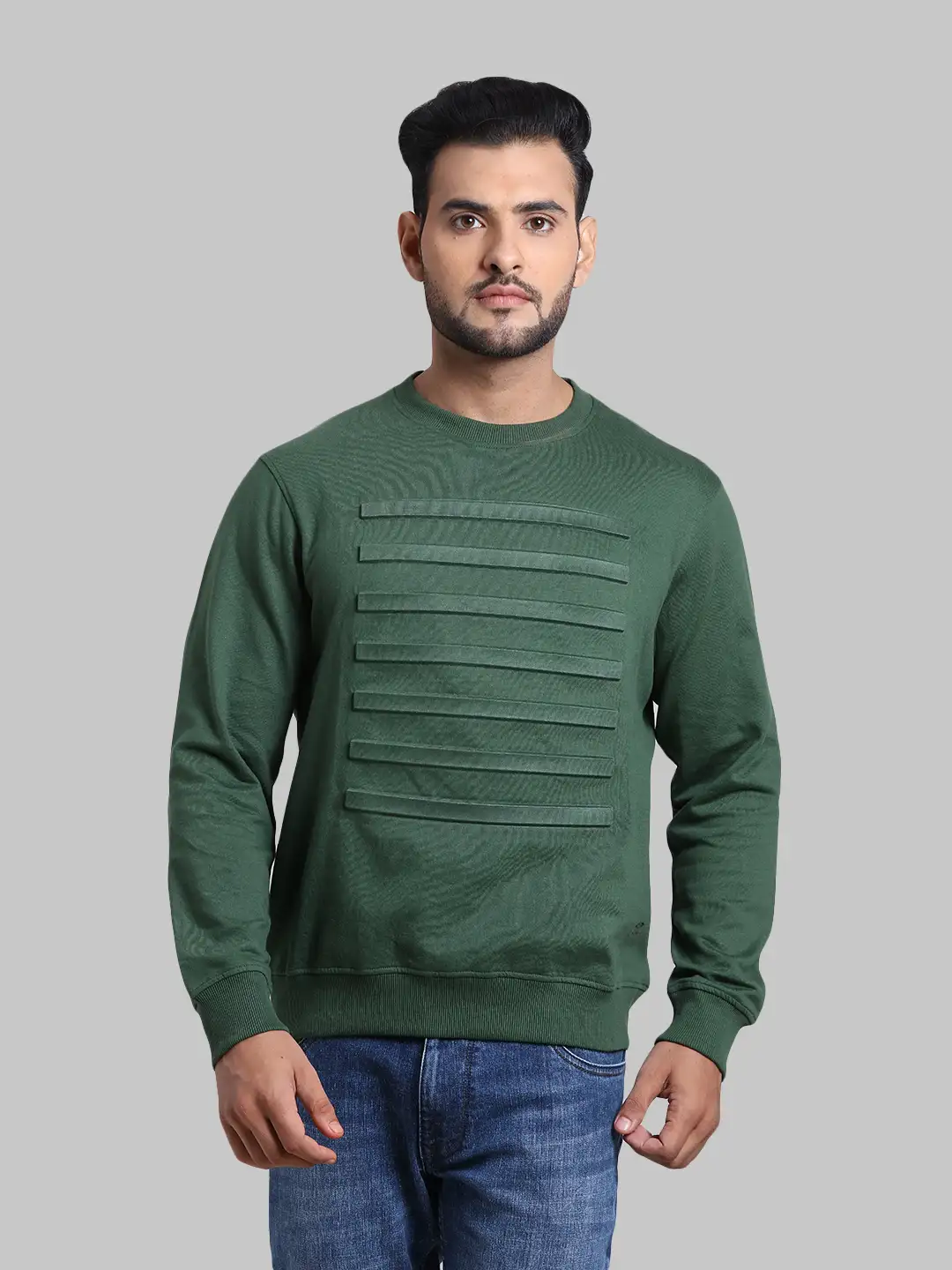 Men Green Tailored Fit Print Cotton Polyester Blend Full Sleeve Round Collar Sweatshirts