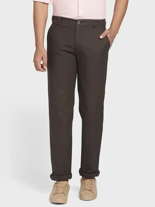 Men Green Tailored Fit Solid Piece Dyed Cotton Blend Trouser