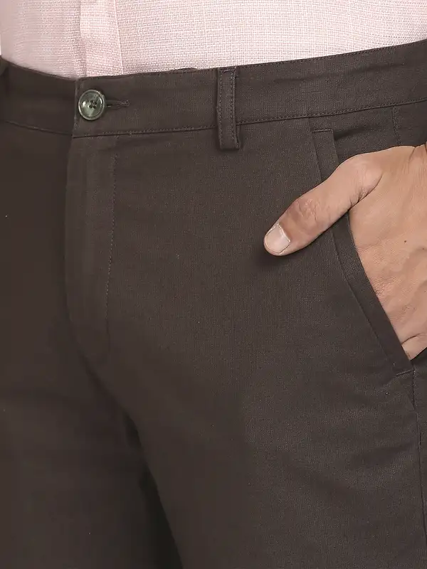 Men Green Tailored Fit Solid Piece Dyed Cotton Blend Trouser - Image 6