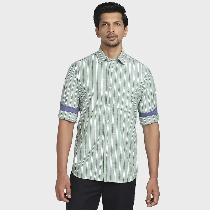Men Green Tailored Fit Stripe Cotton Full Sleeve Shirts