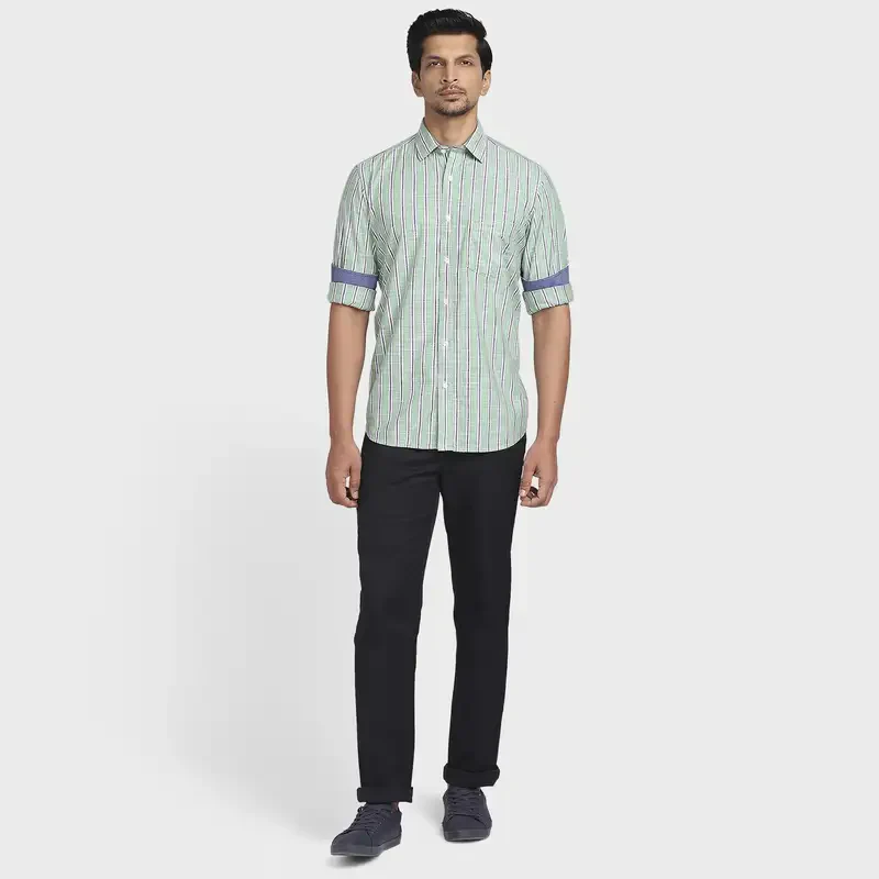 Men Green Tailored Fit Stripe Cotton Full Sleeve Shirts - Image 5