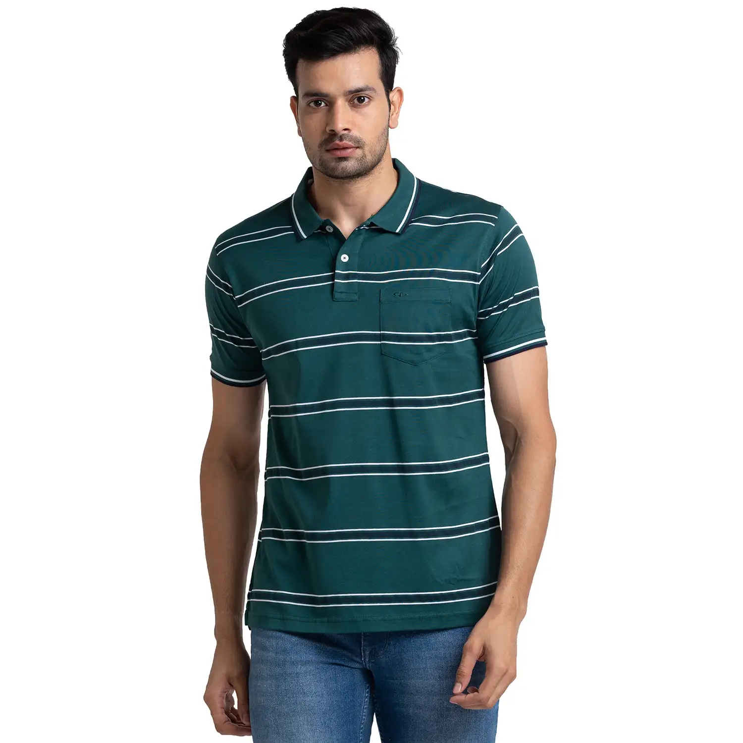Men Green Tailored Fit Stripe Cotton Half Sleeve T-Shirt