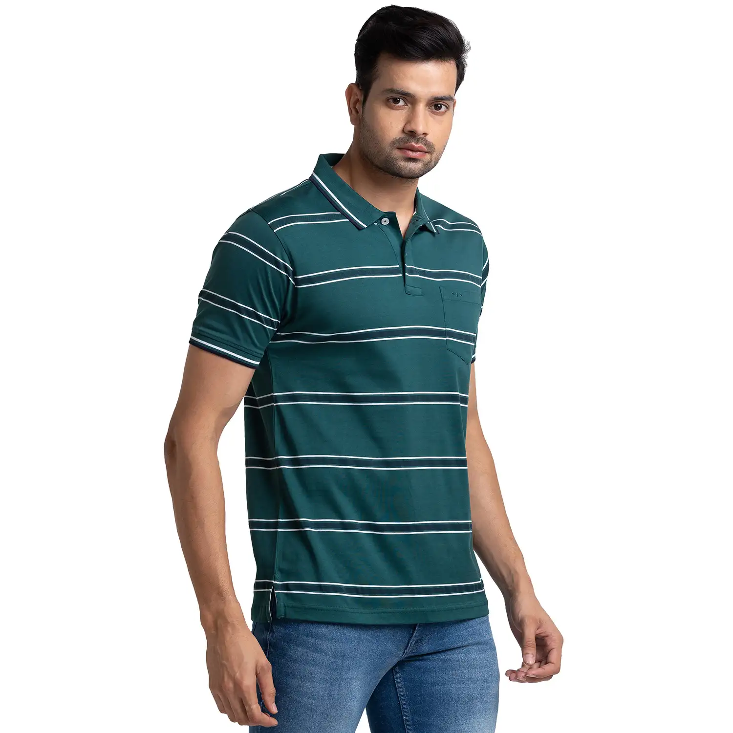 Men Green Tailored Fit Stripe Cotton Half Sleeve T-Shirt - Image 2