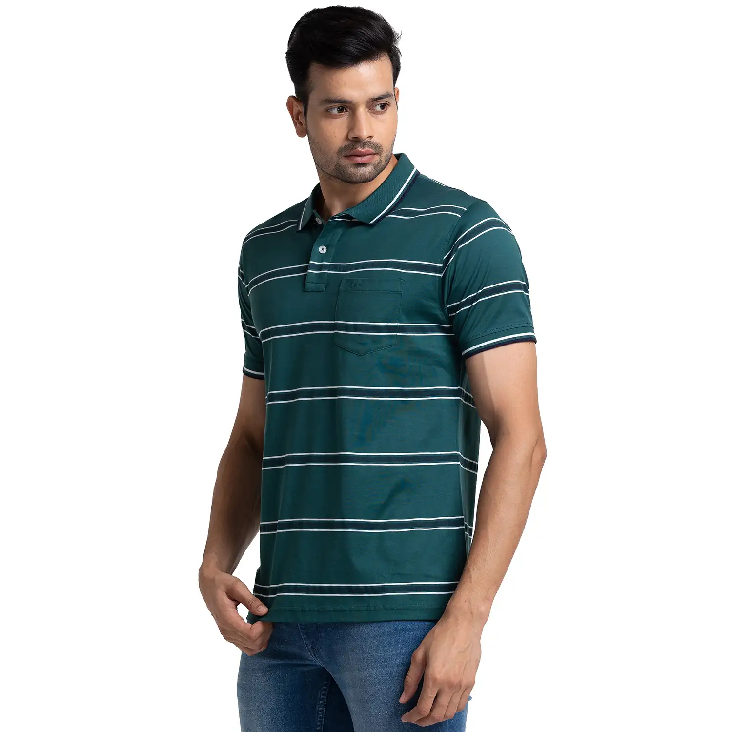 Men Green Tailored Fit Stripe Cotton Half Sleeve T-Shirt - Image 3