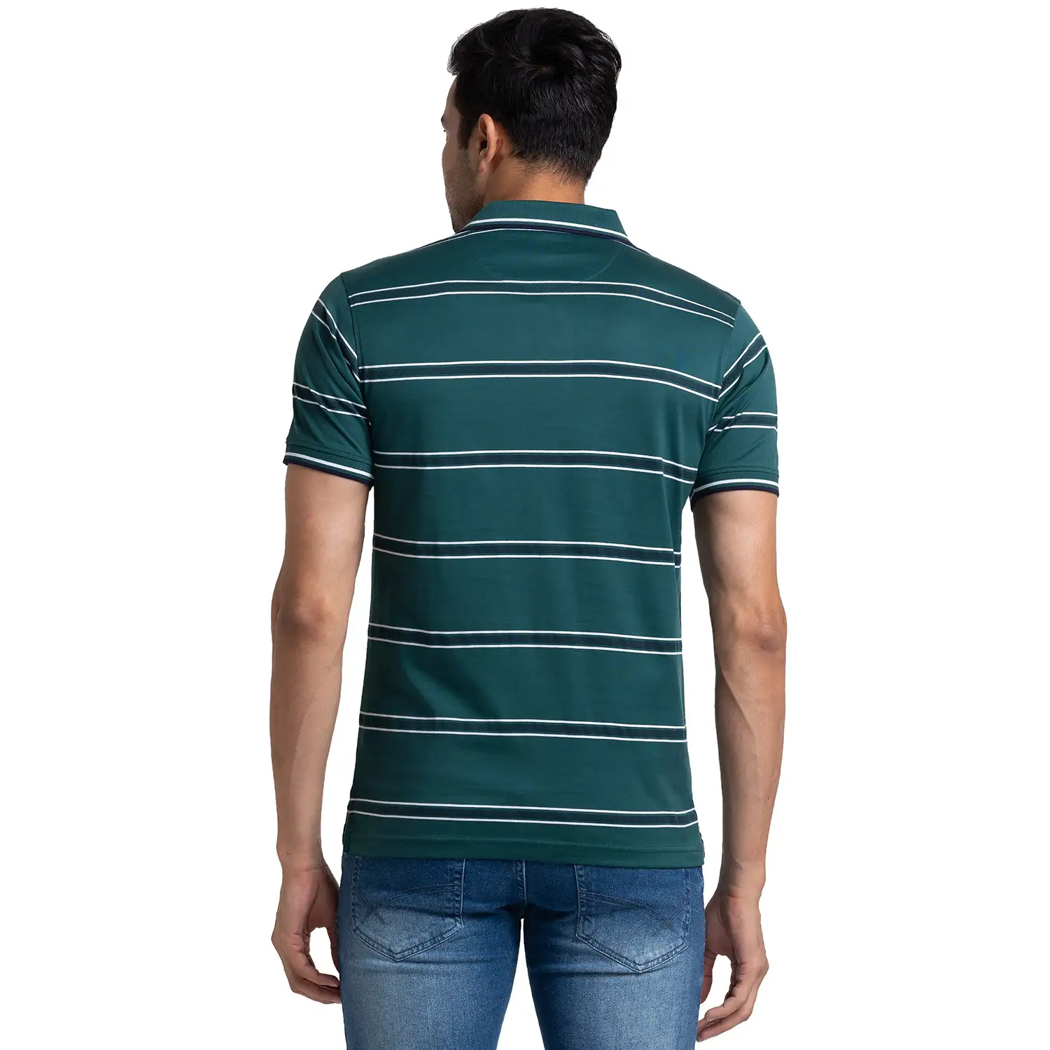 Men Green Tailored Fit Stripe Cotton Half Sleeve T-Shirt - Image 4