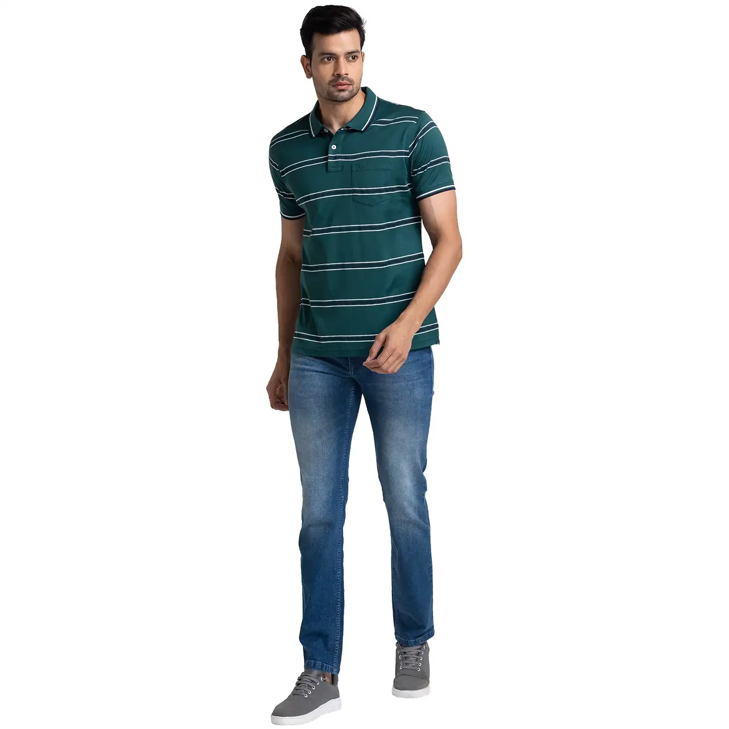 Men Green Tailored Fit Stripe Cotton Half Sleeve T-Shirt - Image 5