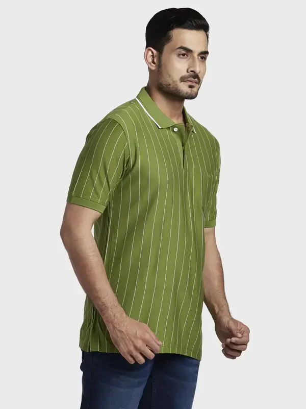 Men Green Tailored Fit Stripe Cotton Half Sleeve T-Shirt - Image 2