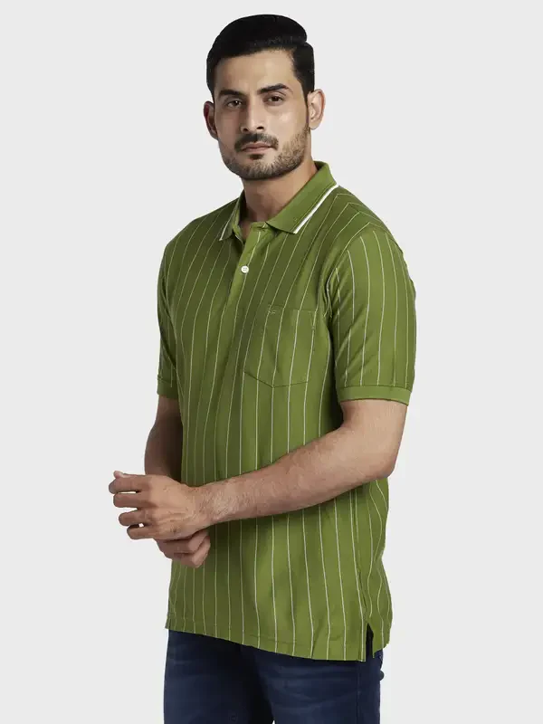 Men Green Tailored Fit Stripe Cotton Half Sleeve T-Shirt - Image 3