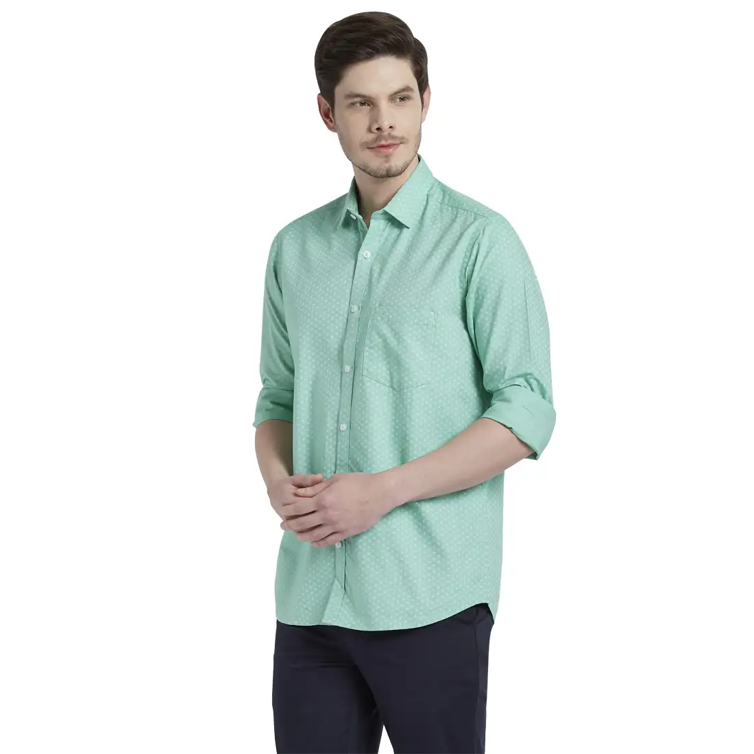 Men Green Tailored Fit Yarn Dyed/Print Cotton Full Sleeve Shirts - Image 3