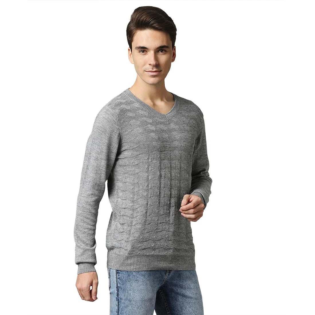 Men Grey Acrylic Wool Blend Full Sleeve V Neck Collar Sweaters - Image 2