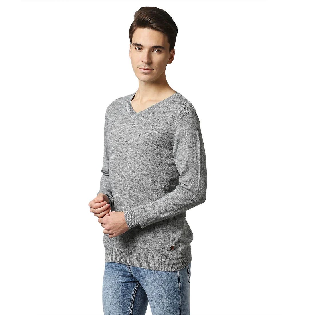 Men Grey Acrylic Wool Blend Full Sleeve V Neck Collar Sweaters - Image 3
