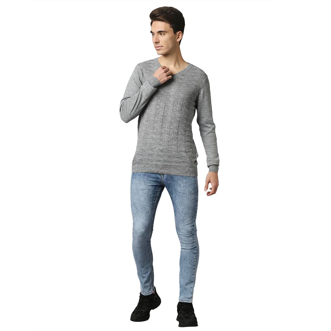 Men Grey Acrylic Wool Blend Full Sleeve V Neck Collar Sweaters - Image 5