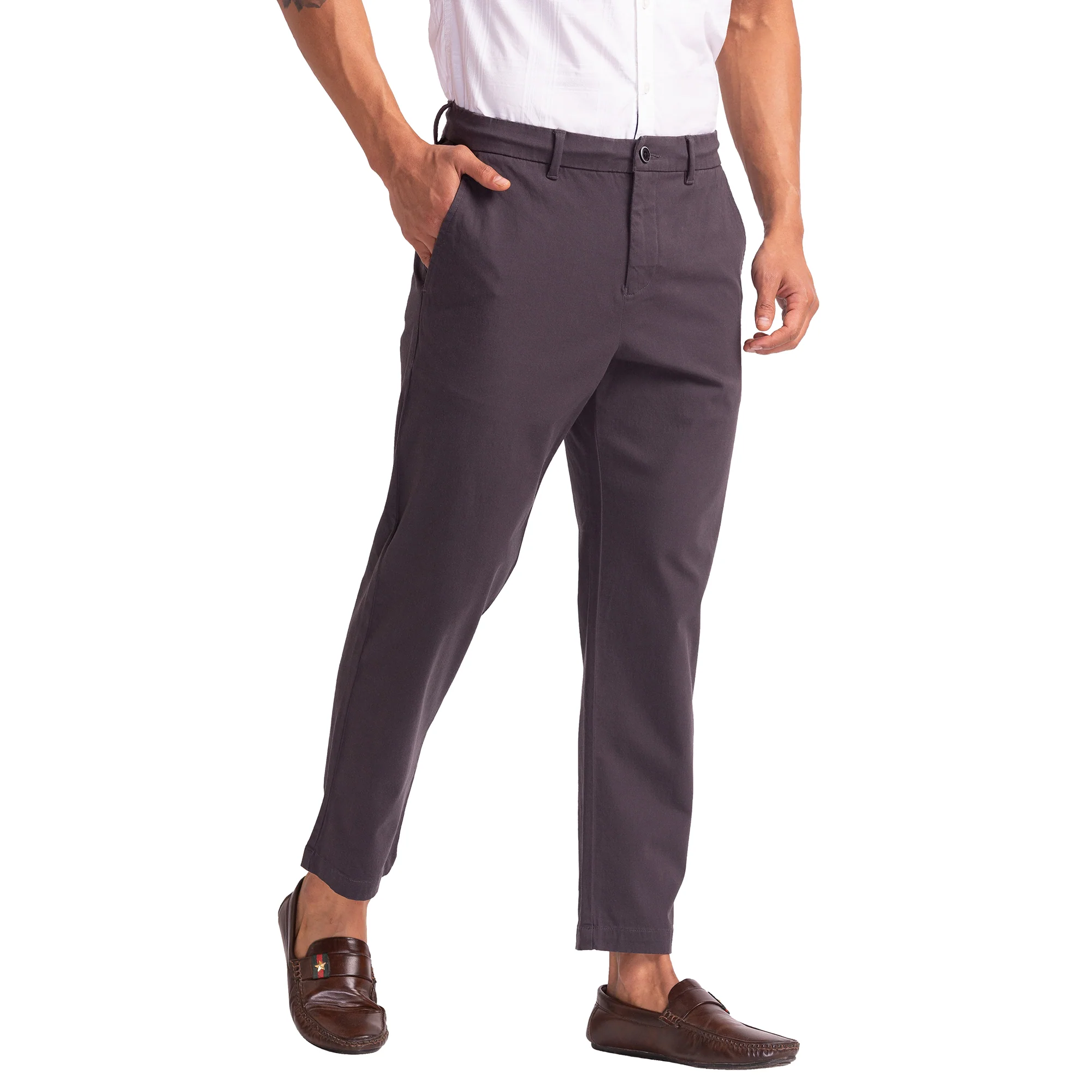 Men Grey Carrot Fit Solid Cotton Blend Trouser - Image 3