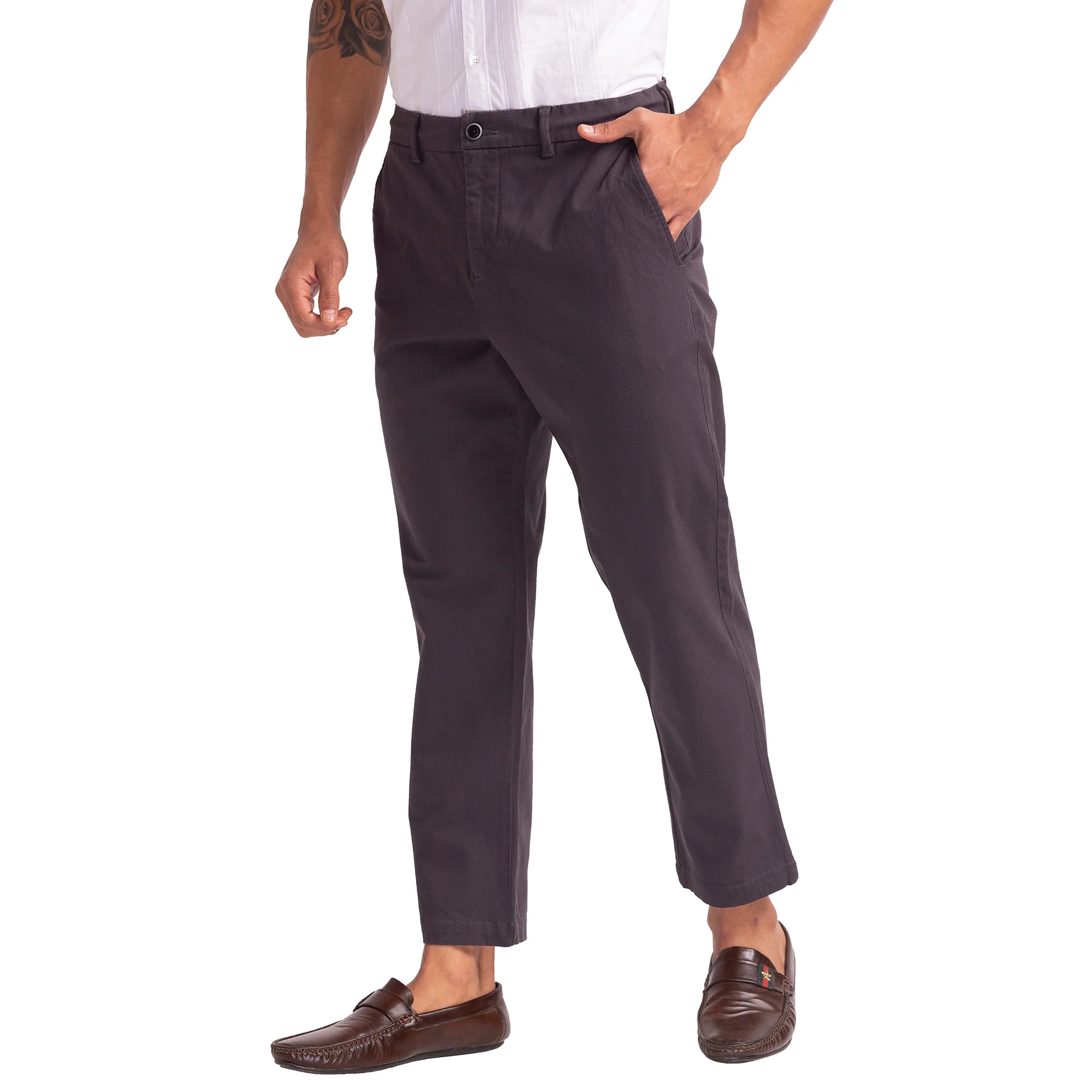 Men Grey Carrot Fit Solid Cotton Blend Trouser - Image 4