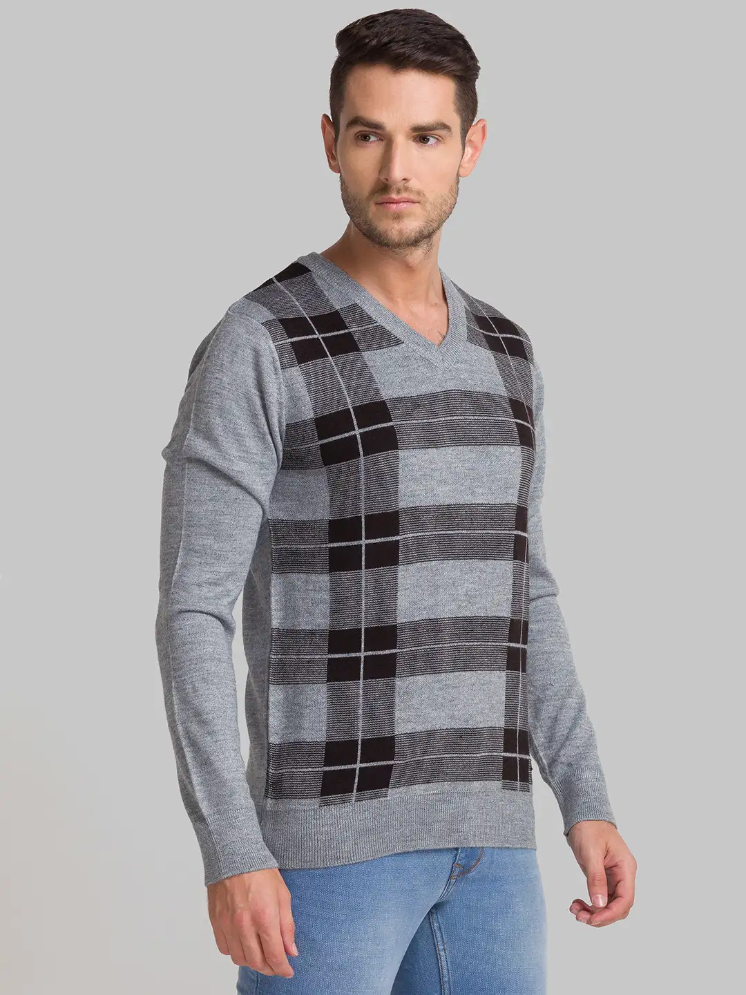 Men Grey Checks Acrylic Blend Full Sleeve Sweaters - Image 2