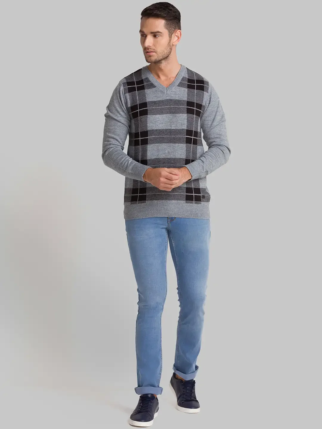 Men Grey Checks Acrylic Blend Full Sleeve Sweaters - Image 5