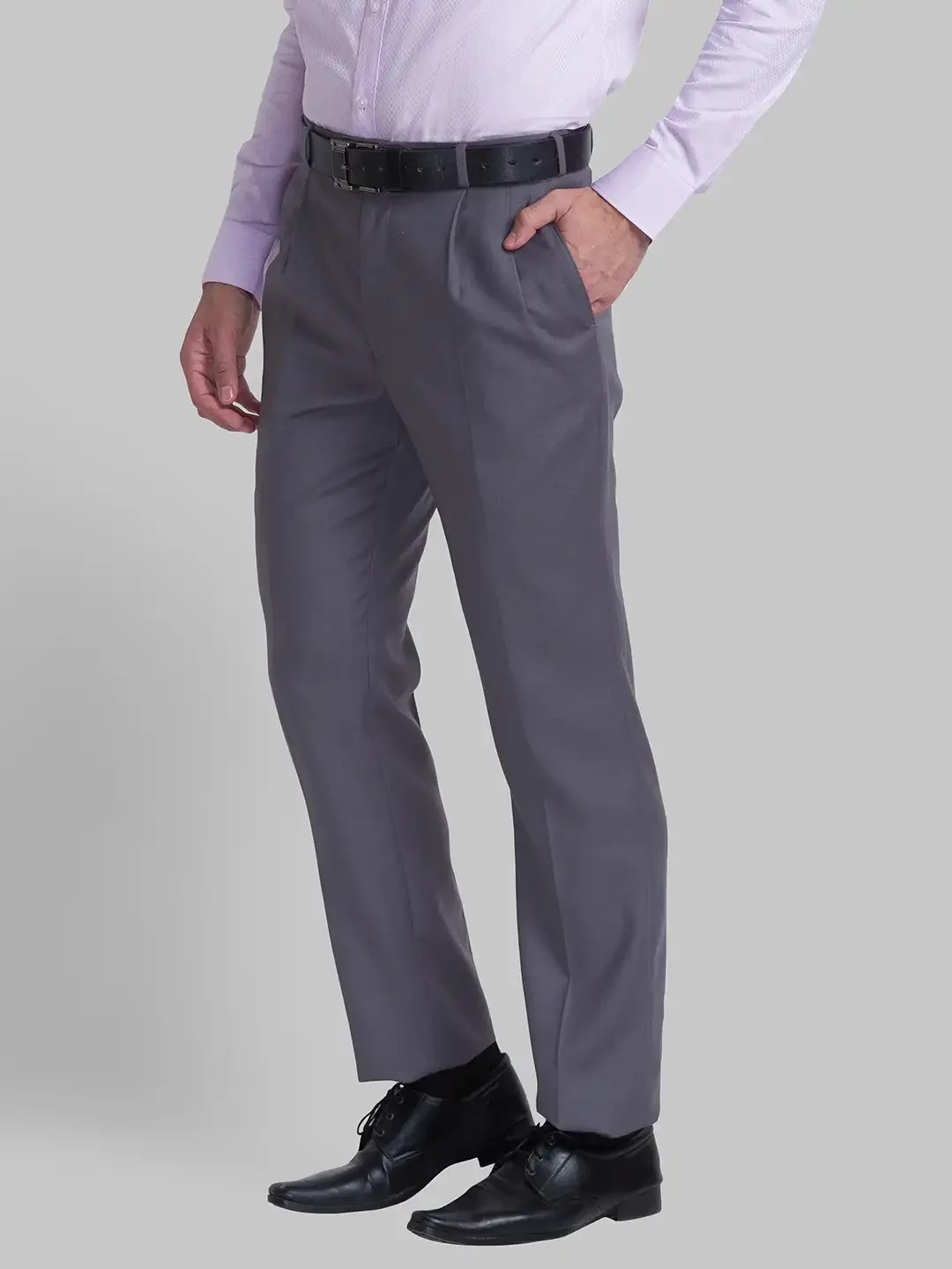 Men Grey Classic Fit Structure Polyester Blend Trouser - Image 3