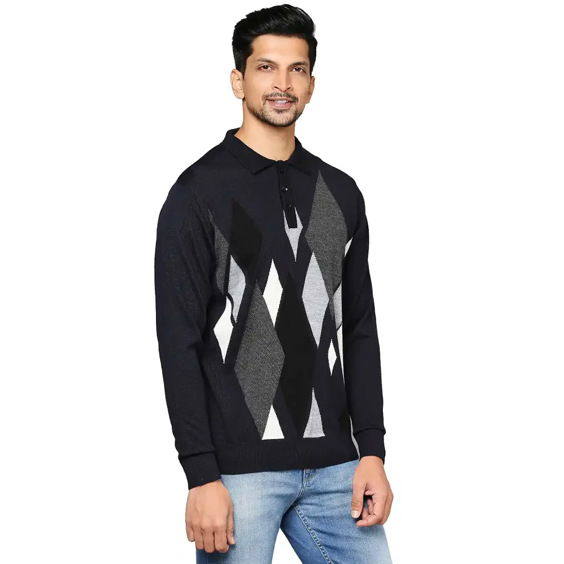 Men Grey Contemporary Fit Argyle Wool Blend Round Neck Collar Sweaters - Image 2