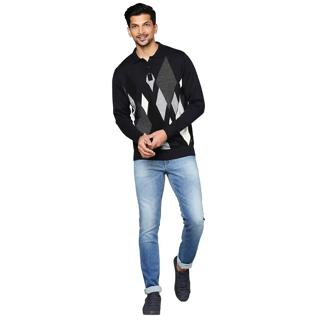 Men Grey Contemporary Fit Argyle Wool Blend Round Neck Collar Sweaters - Image 5