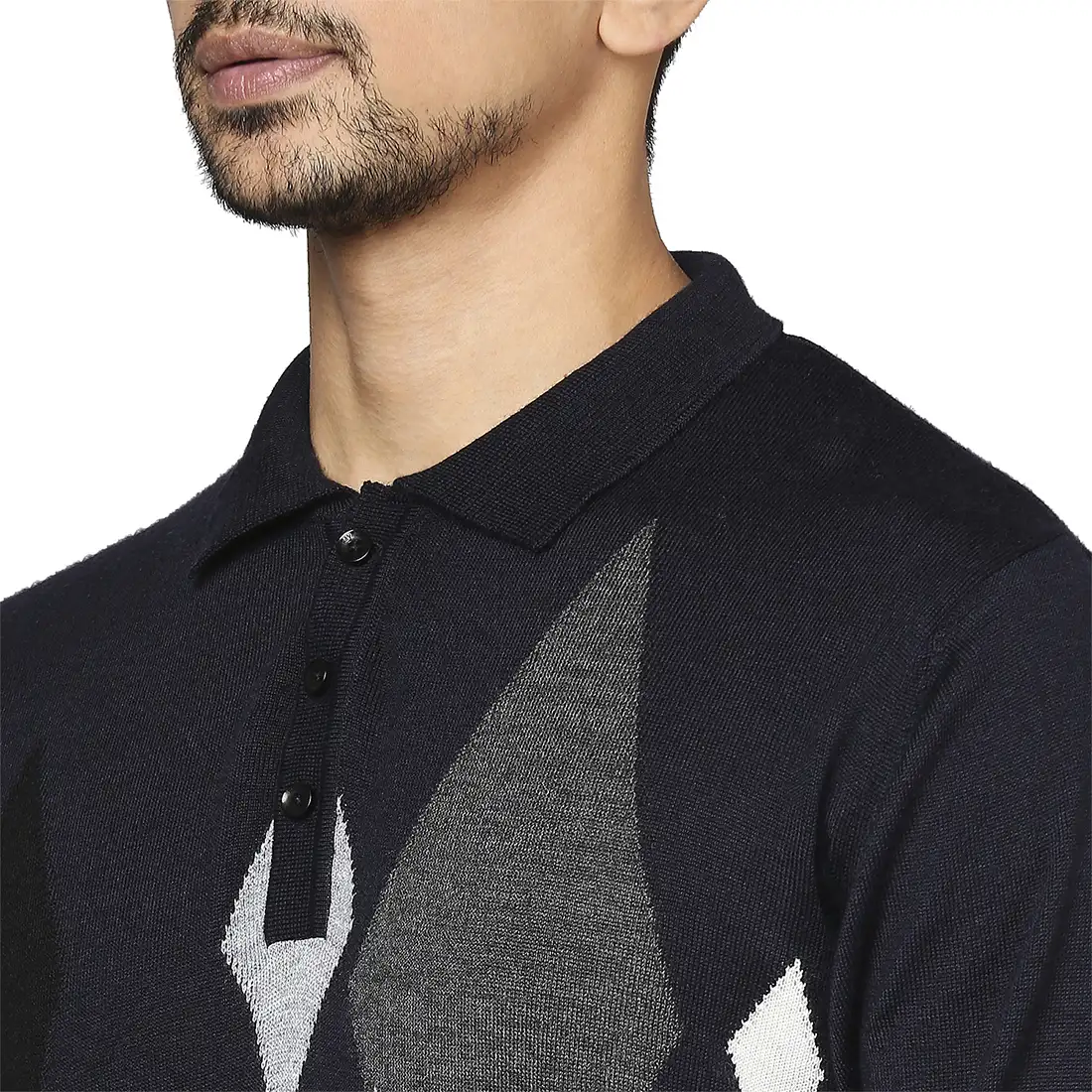 Men Grey Contemporary Fit Argyle Wool Blend Round Neck Collar Sweaters - Image 6