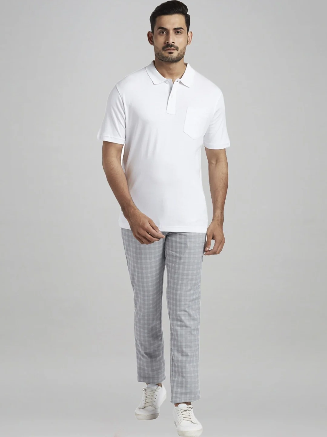 Men Grey Contemporary Fit Checks Cotton Blend Trouser - Image 2