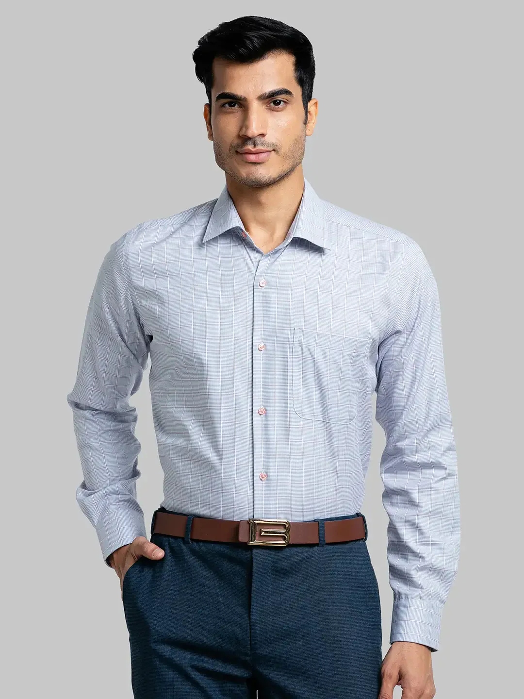 Men Grey Contemporary Fit Checks Cotton Cut Collar Shirts