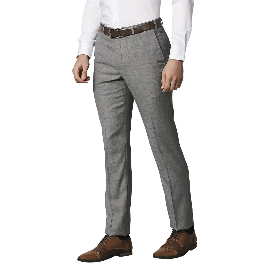 Men Grey Contemporary Fit Checks Polyester Blend Trouser - Image 3