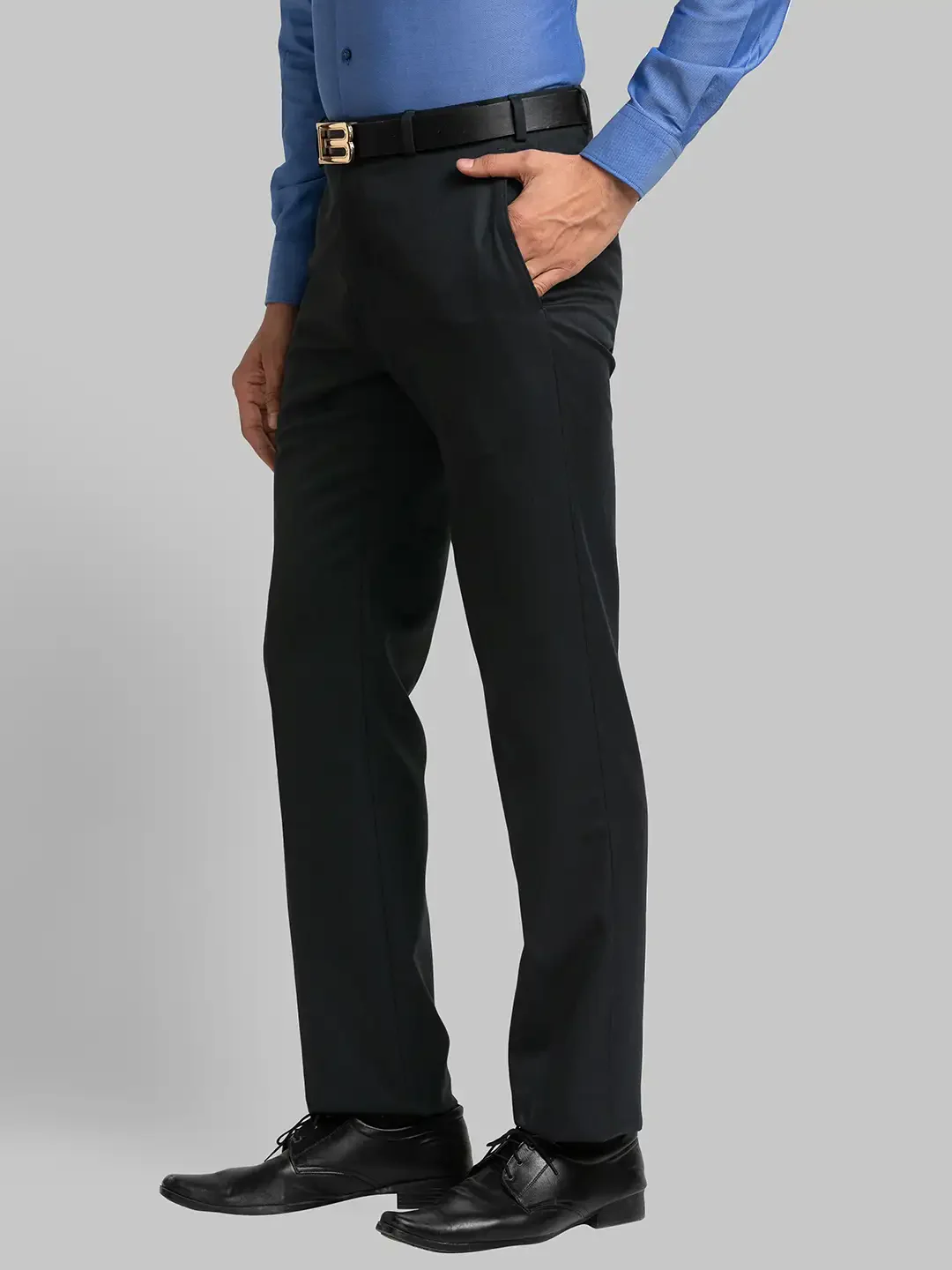 Men Grey Contemporary Fit Checks Polyester Blend Trouser - Image 3