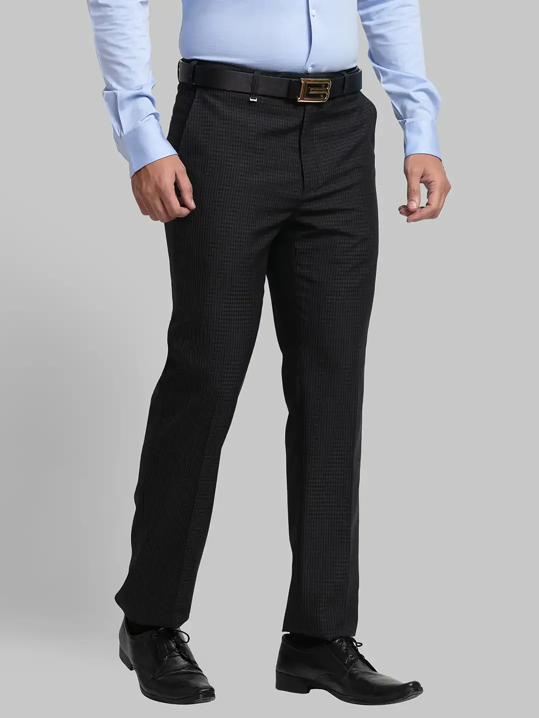Men Grey Contemporary Fit Checks Polyester Blend Trouser - Image 2