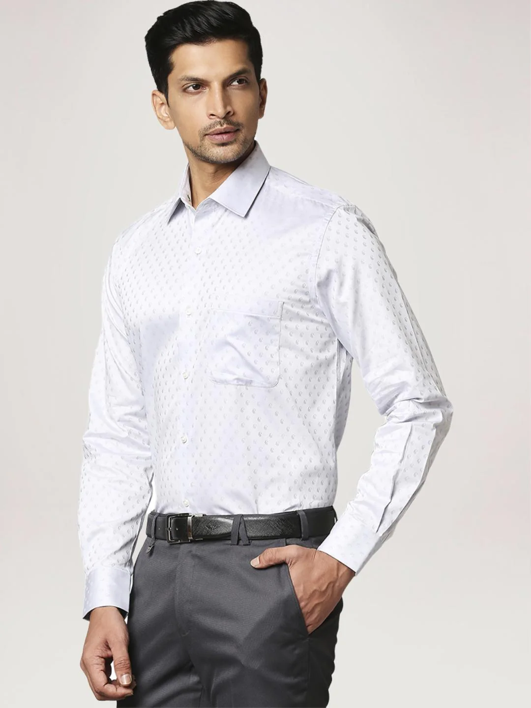 Men Grey Contemporary Fit Jacquard Cotton Cut Collar Shirts - Image 6