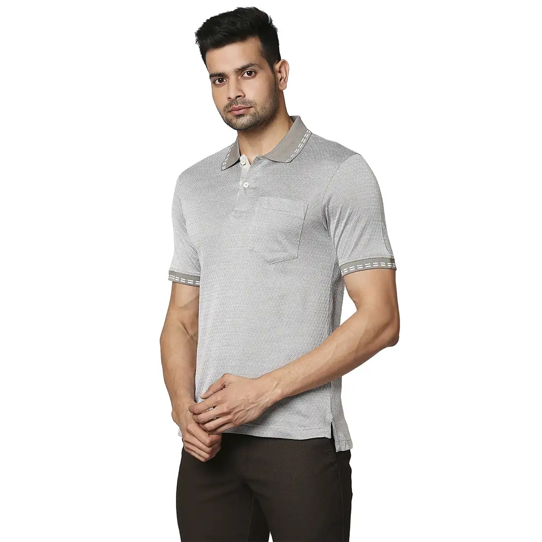 Men Grey Contemporary Fit Jacquard Cotton Half Sleeve Polo T-Shirt - Image 3