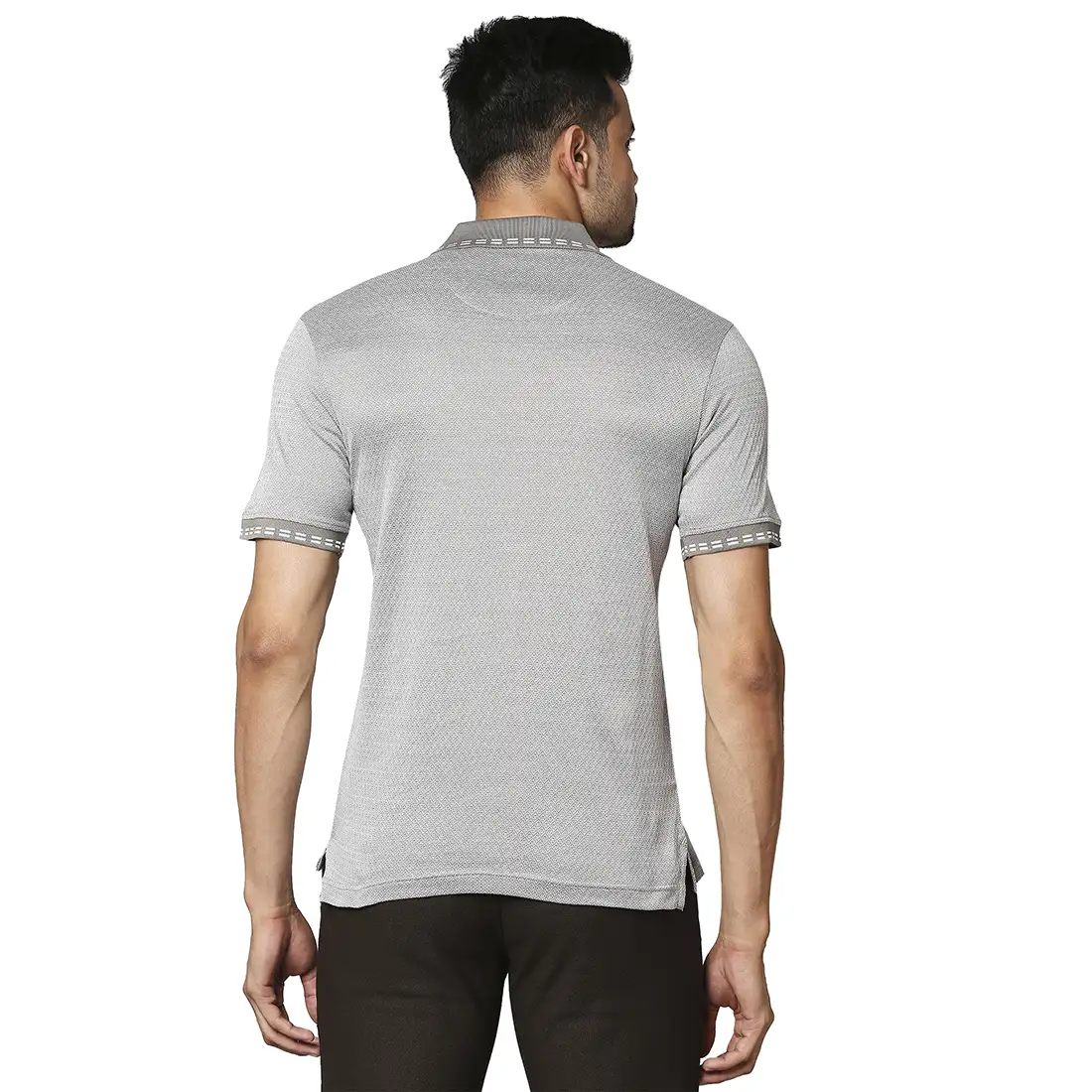 Men Grey Contemporary Fit Jacquard Cotton Half Sleeve Polo T-Shirt - Image 4