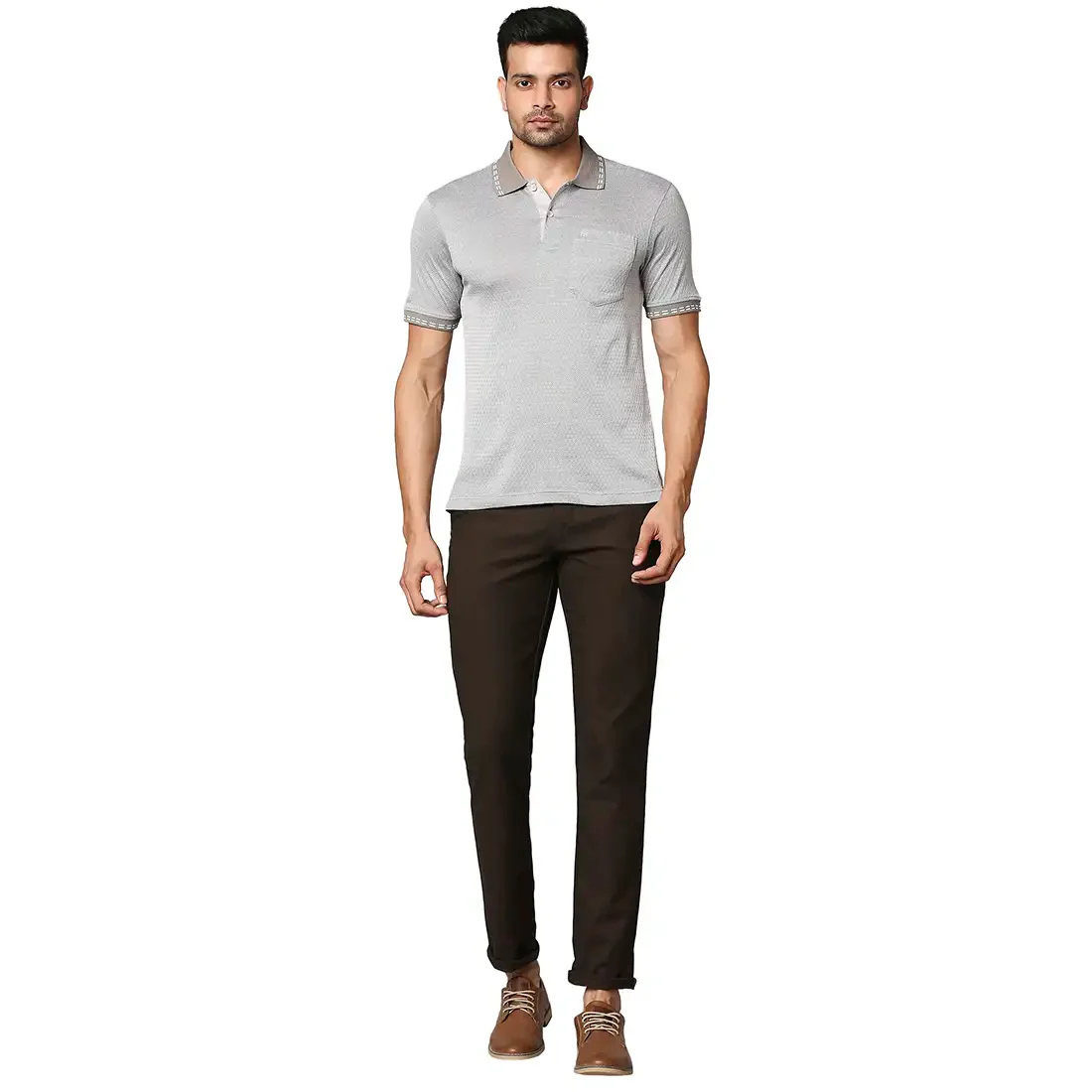 Men Grey Contemporary Fit Jacquard Cotton Half Sleeve Polo T-Shirt - Image 5