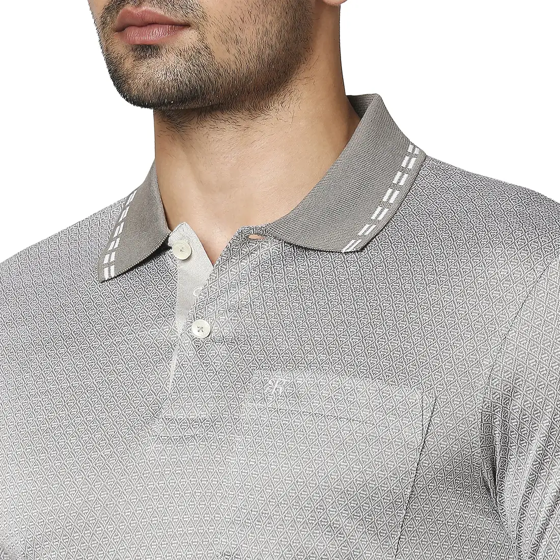 Men Grey Contemporary Fit Jacquard Cotton Half Sleeve Polo T-Shirt - Image 6