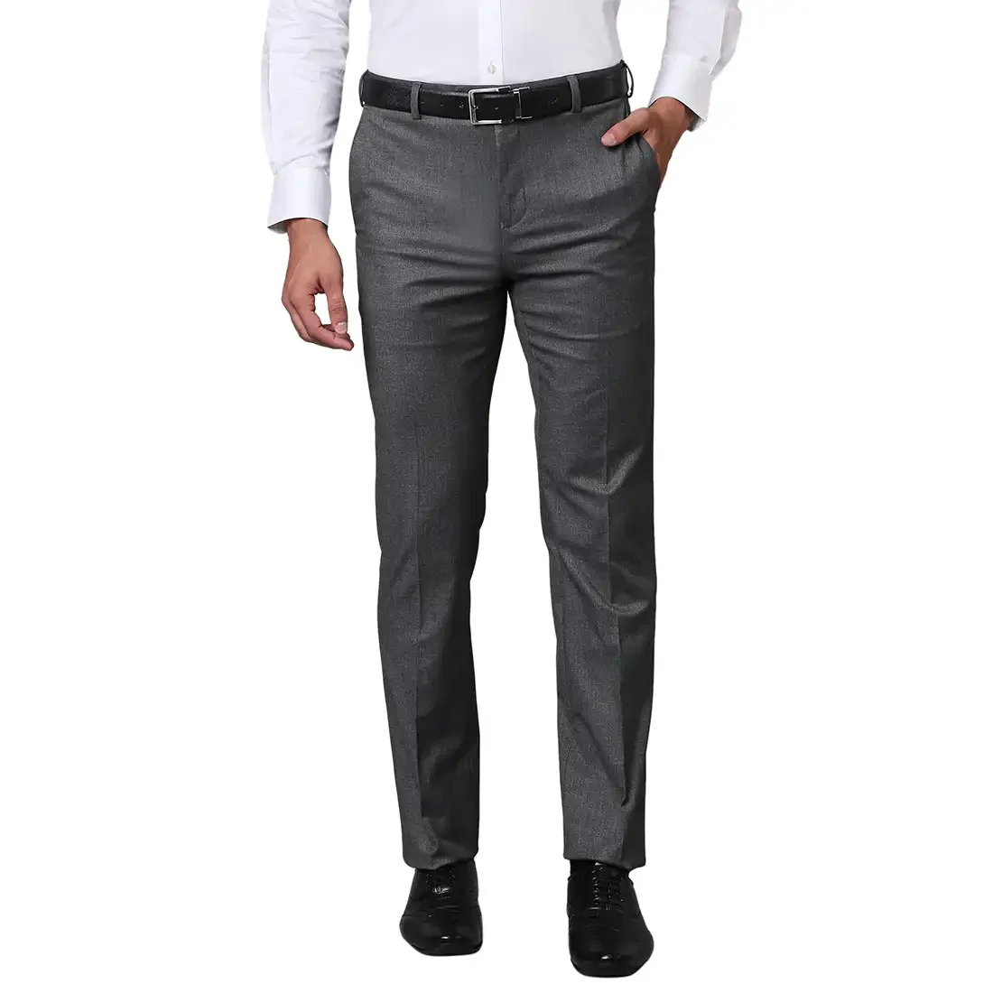 Men Grey Contemporary Fit Shark Skin Polyester Blend Trouser