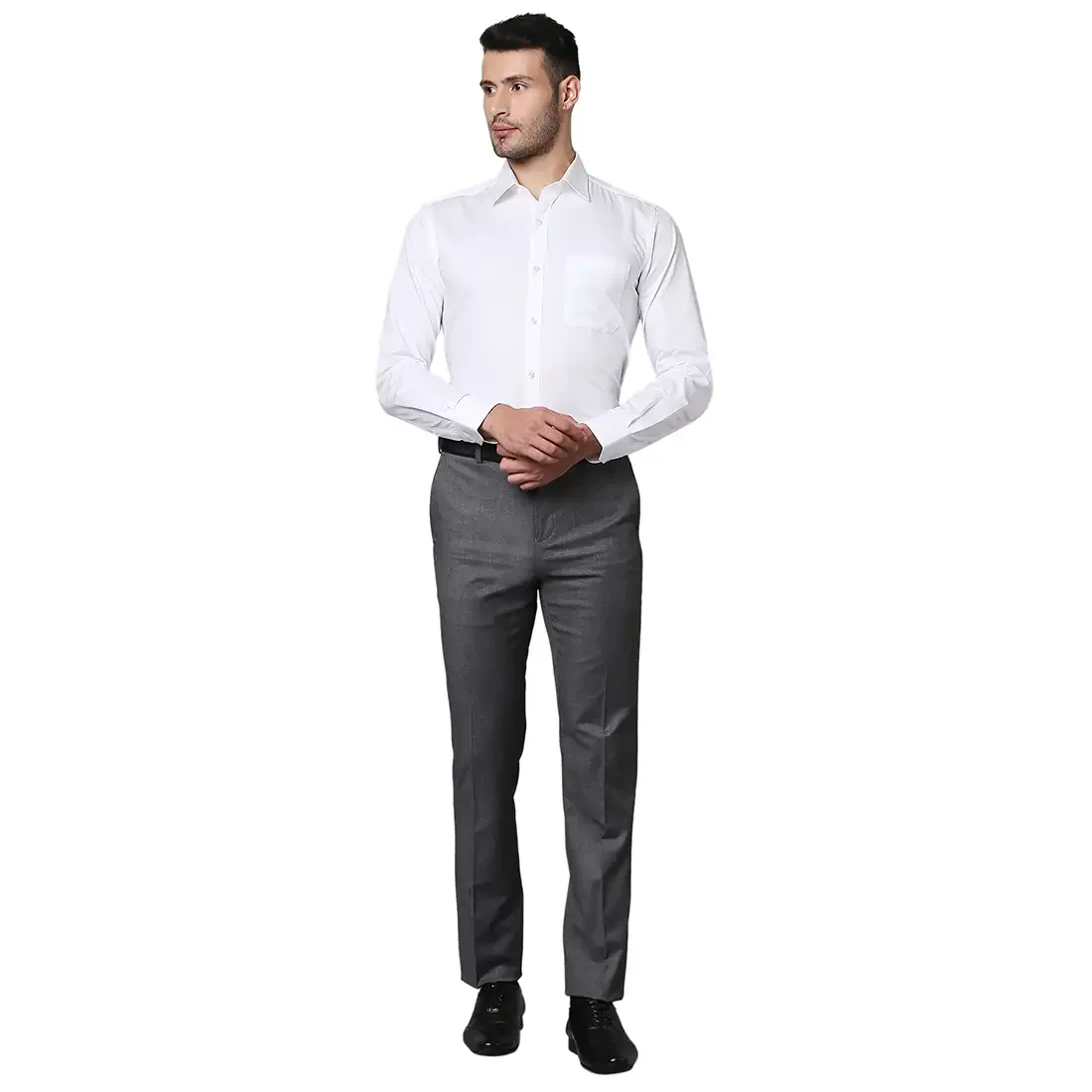 Men Grey Contemporary Fit Shark Skin Polyester Blend Trouser - Image 5