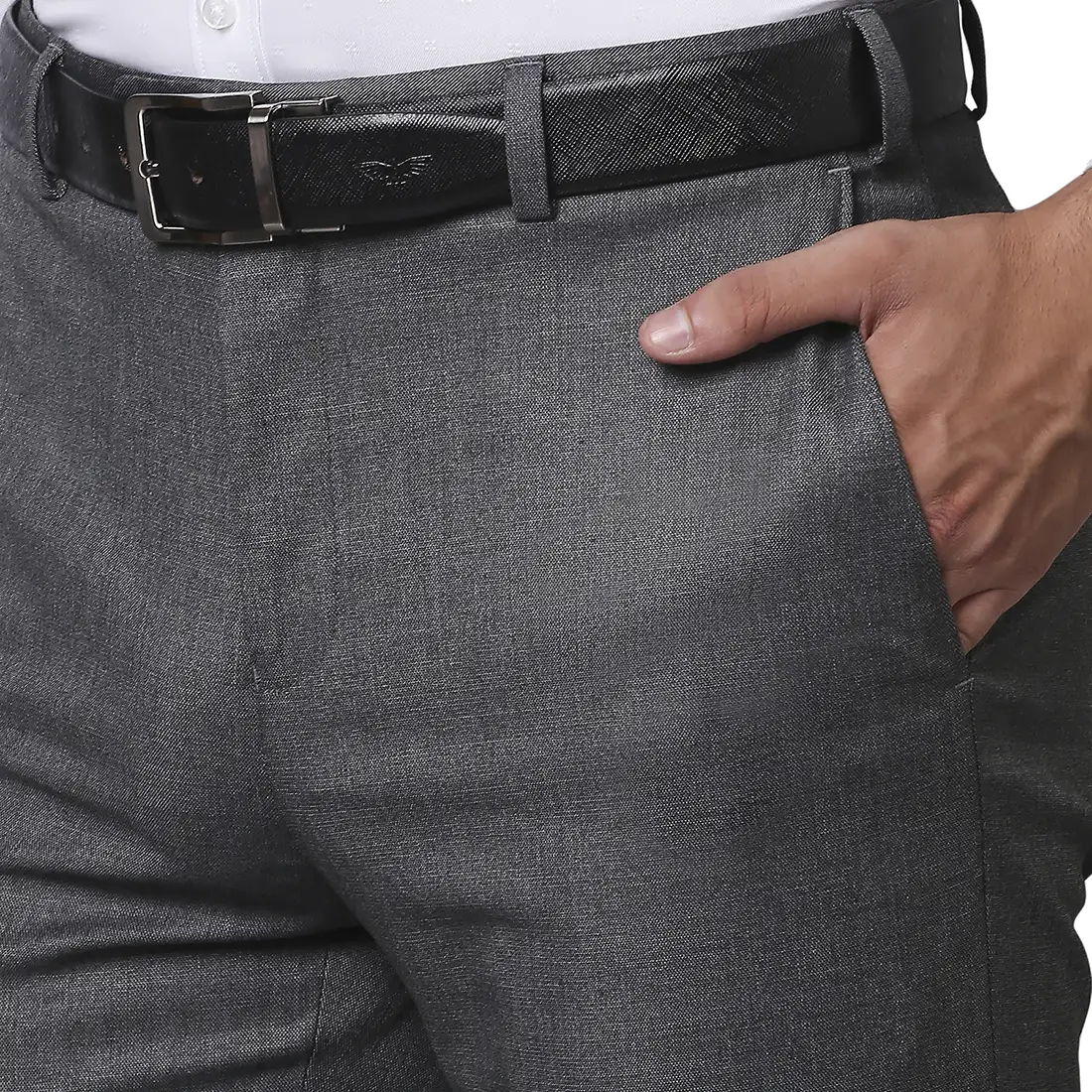 Men Grey Contemporary Fit Shark Skin Polyester Blend Trouser - Image 6
