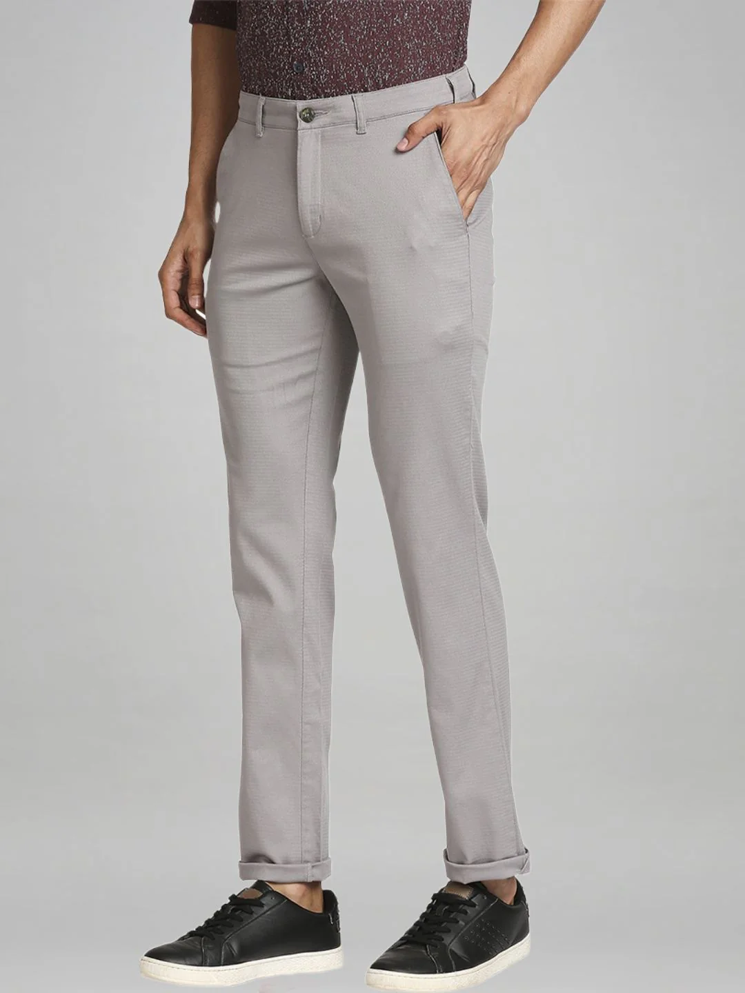 Men Grey Contemporary Fit Solid Cotton Blend Trouser - Image 5