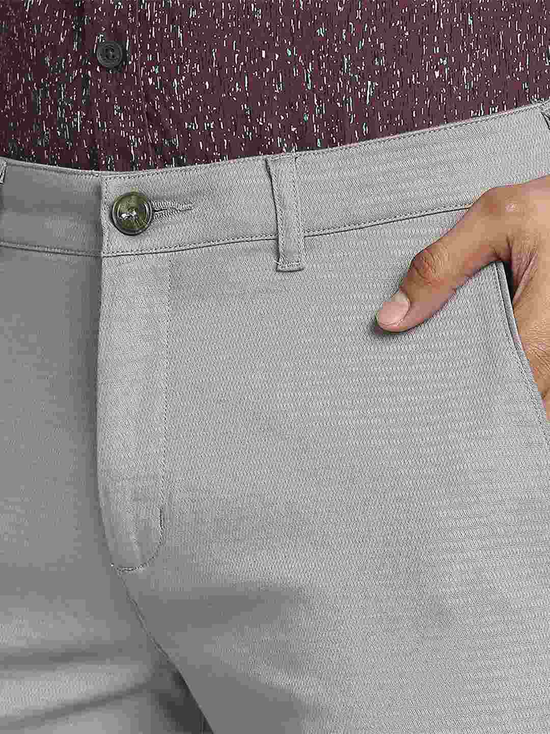 Men Grey Contemporary Fit Solid Cotton Blend Trouser - Image 6