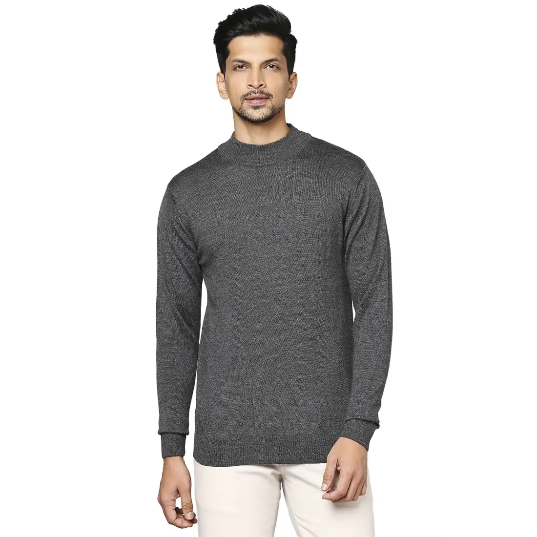 Men Grey Contemporary Fit Solid Wool Blend Full Sleeve Crew Neck Collar Sweaters