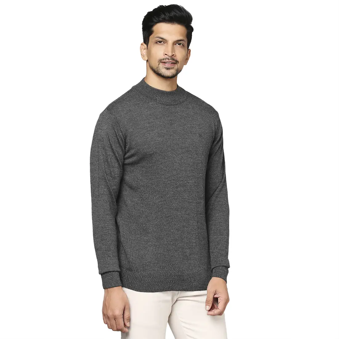 Men Grey Contemporary Fit Solid Wool Blend Full Sleeve Crew Neck Collar Sweaters - Image 2