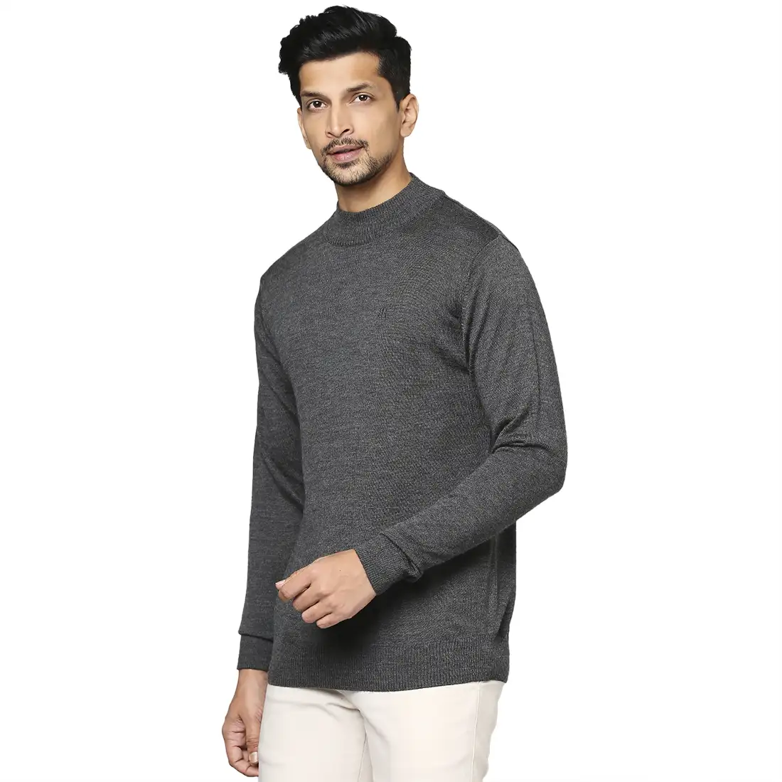 Men Grey Contemporary Fit Solid Wool Blend Full Sleeve Crew Neck Collar Sweaters - Image 3