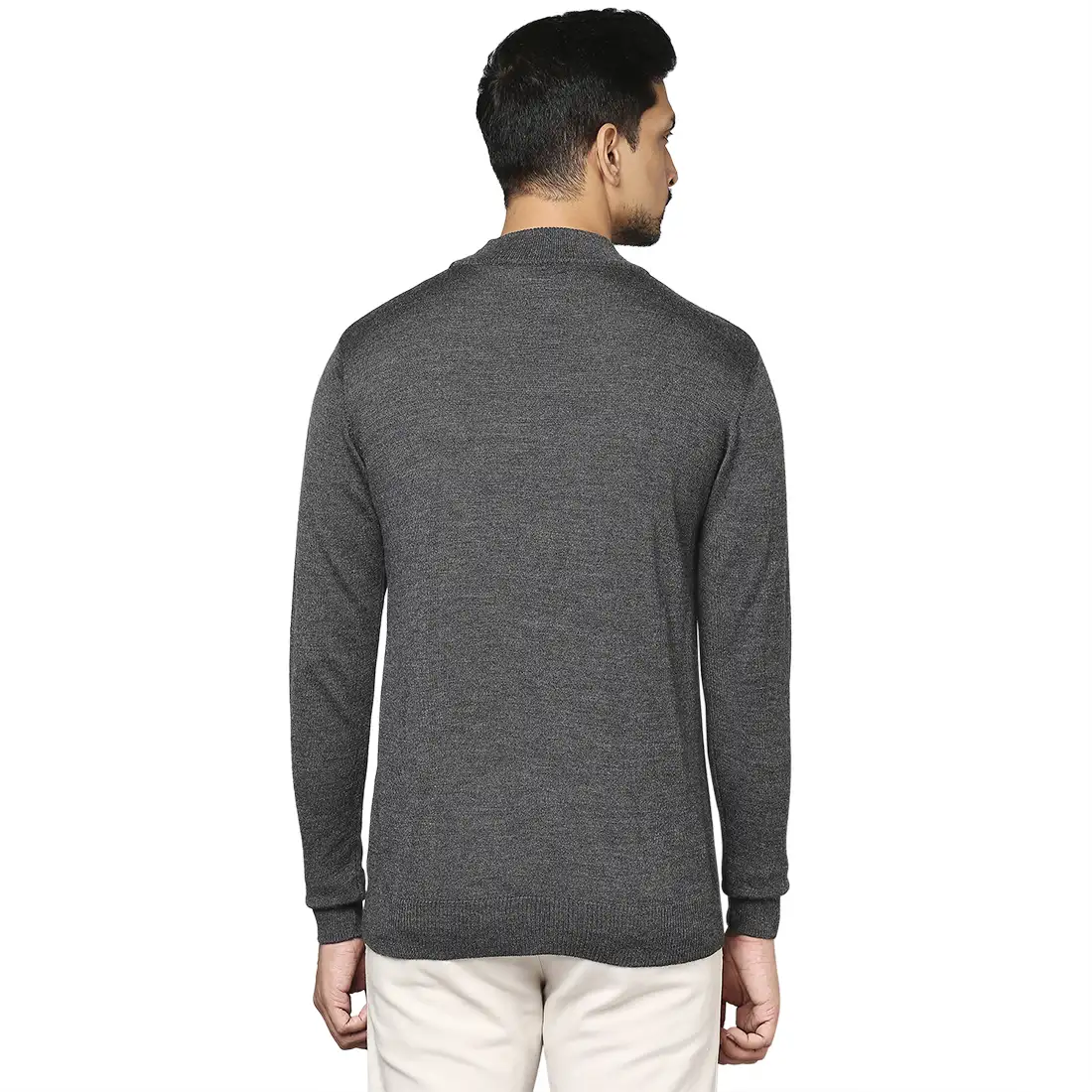 Men Grey Contemporary Fit Solid Wool Blend Full Sleeve Crew Neck Collar Sweaters - Image 4