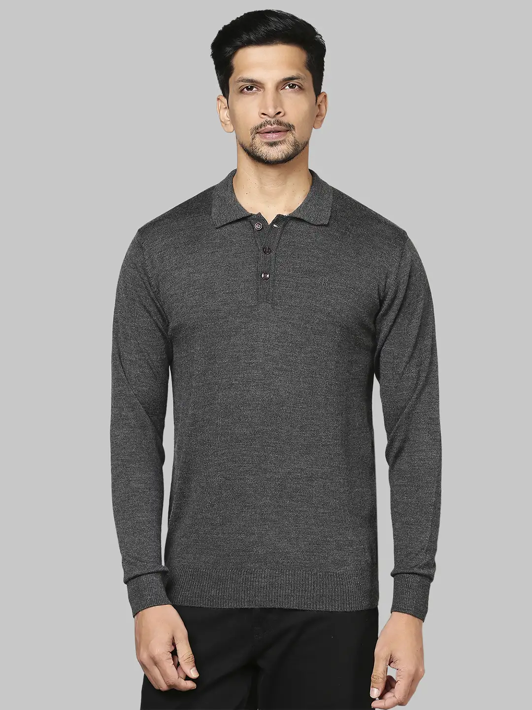 Men Grey Contemporary Fit Solid Wool Blend Round Neck Collar Sweaters