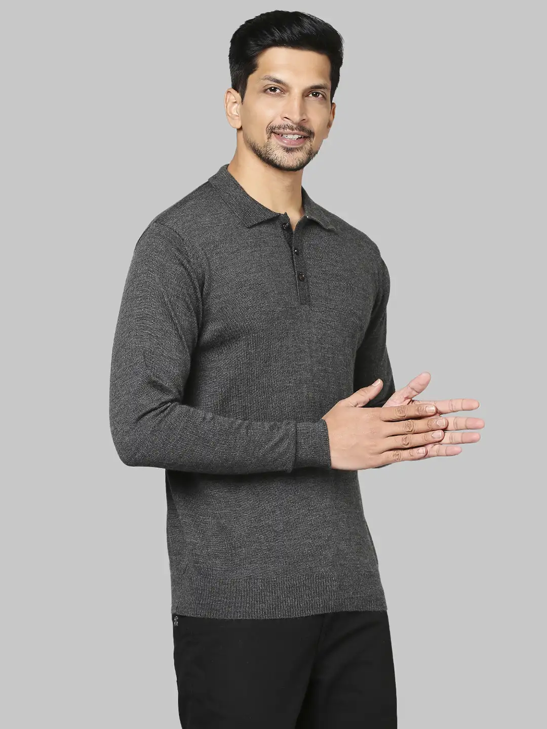 Men Grey Contemporary Fit Solid Wool Blend Round Neck Collar Sweaters - Image 2
