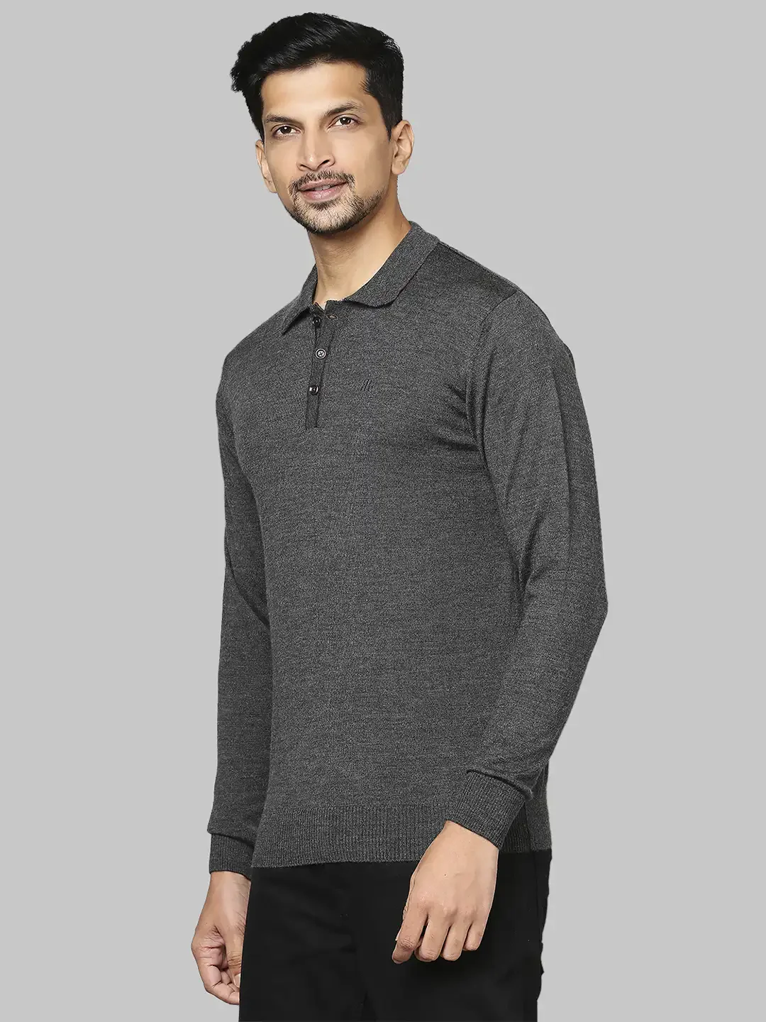 Men Grey Contemporary Fit Solid Wool Blend Round Neck Collar Sweaters - Image 3
