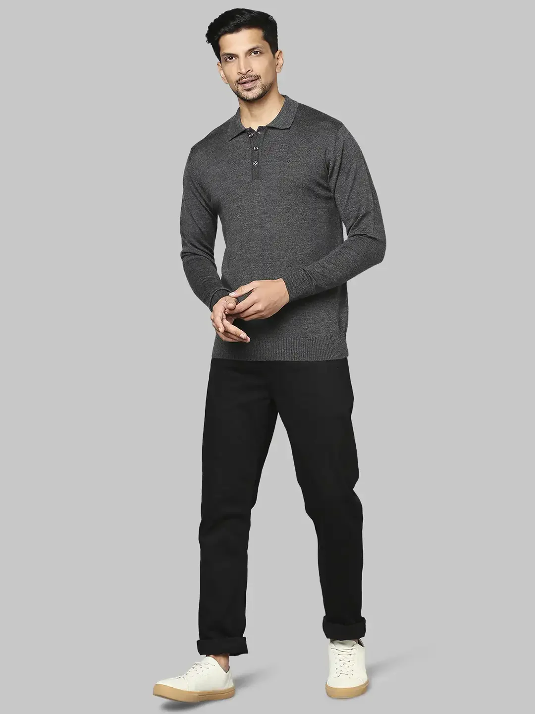 Men Grey Contemporary Fit Solid Wool Blend Round Neck Collar Sweaters - Image 5